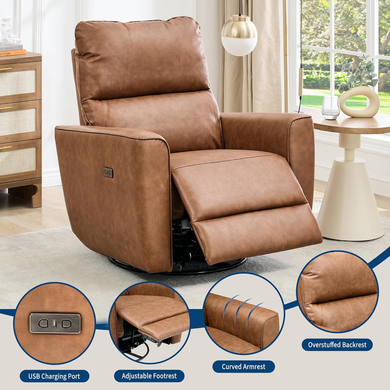 Power Recliner Chair, 270° Swivel Rocking Glider with USB Charging Port, PU Leather Upholstered Fabric, Ergonomic Modern Nursery Chair for Living Room, Bedroom, Nursery (Power Brown)