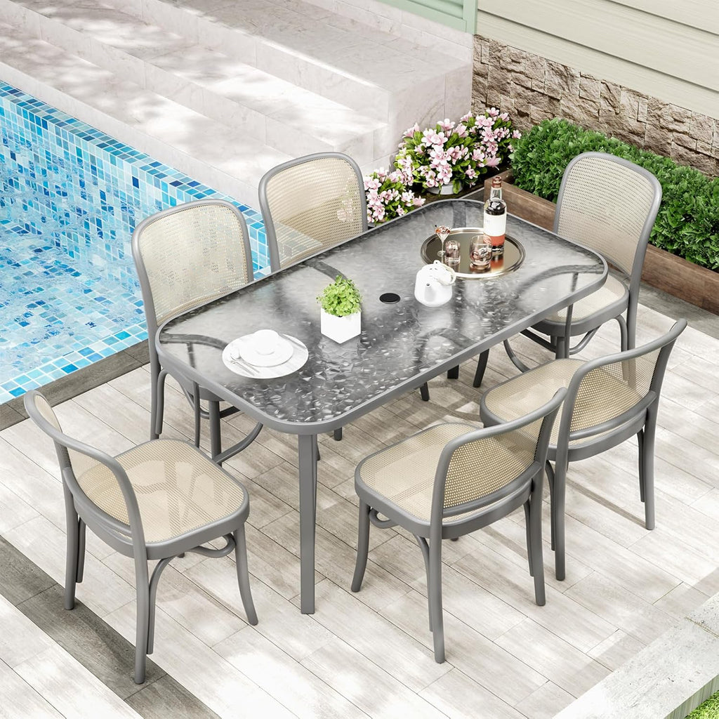TLSUNNY Patio 30"X 55" Rectangular Glass Table with 1.69″ Umbrella Hole | Outdoor Dining Table for 6, with Powder-coated Metal Frame, 5mm Thickened Glass, 220LBS, All-Weather for Graden, Backyard