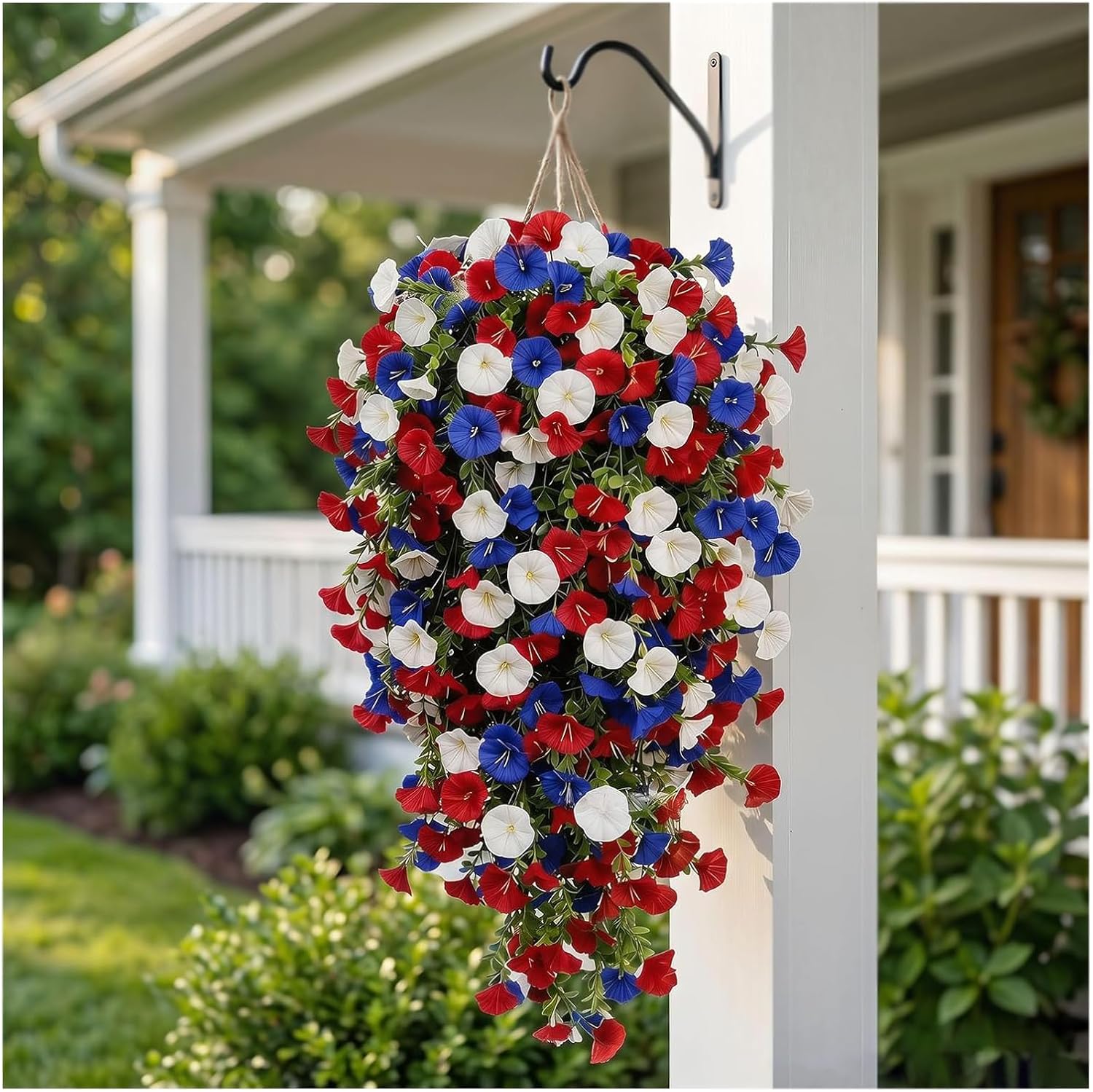 Patriotic Hanging Flower Baskets, Red White and Blue Hanging Flowers, Anniversary Porch Decor, 2026 New Artificial Hanging Plants Red White and Blue, for Veterans Memorial Day Patio Garden Home