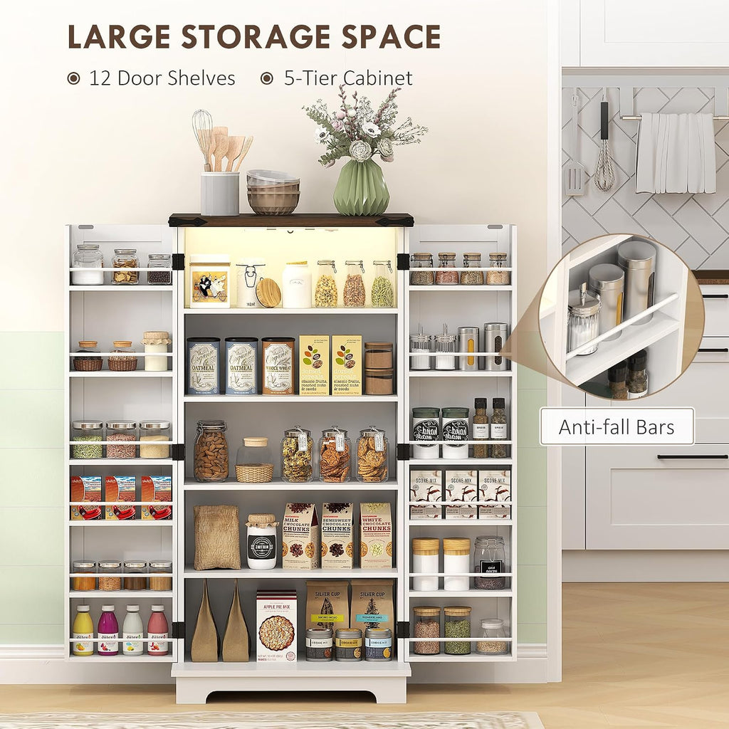 HOMCOM 47" LED Kitchen Pantry Cabinet, Farmhouse Storage Cabinet with 5 Deep Shelves and 12 Door Shelves, Freestanding Food Pantry with Barn Door, White