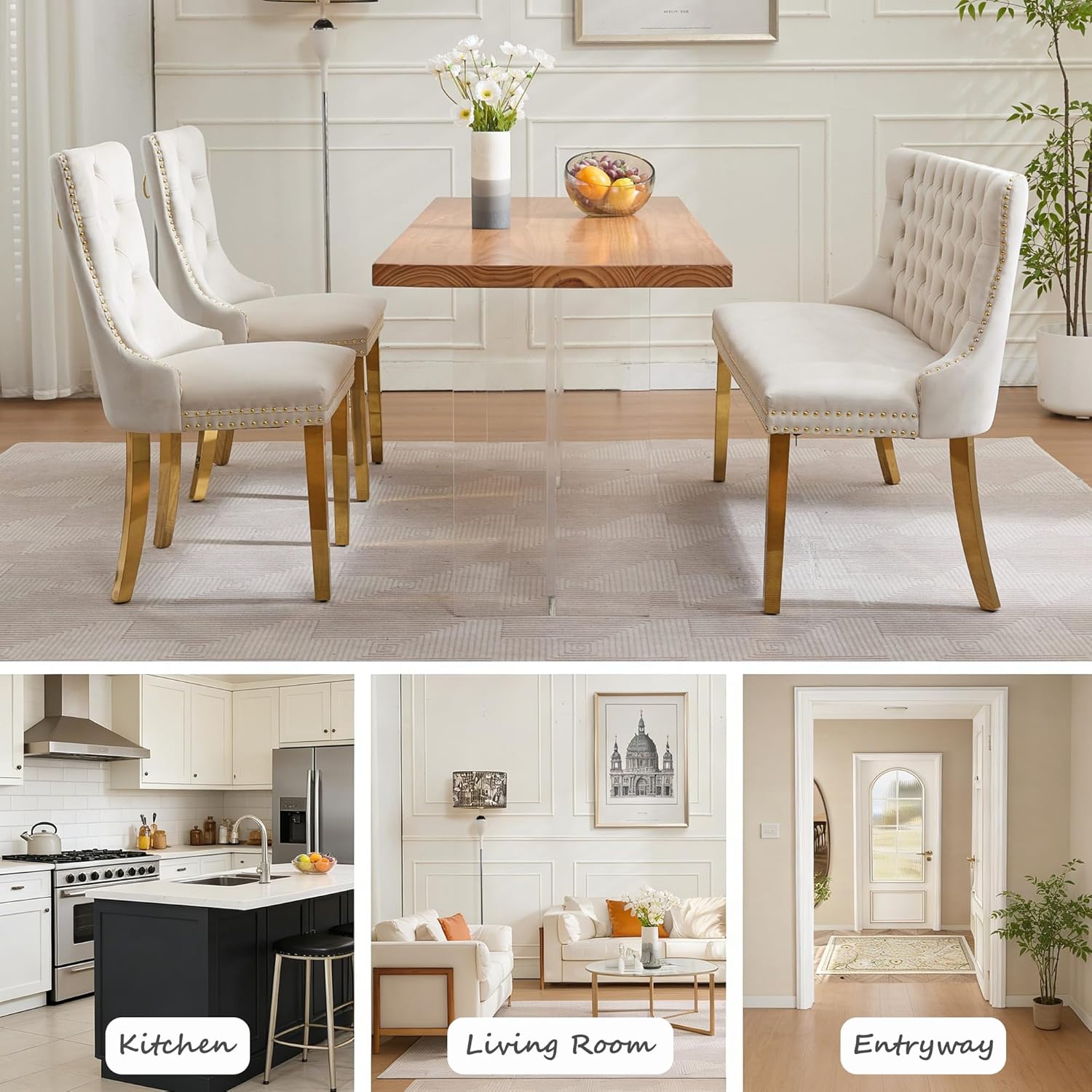 Velvet Upholstered Dining Bench with Back, 45.6'' Tufted Loveseat Bench with Gold Stainless Steel Legs, Mid-Century Modern Banquette Seating for Dining Room, Kitchen, Entryway, Beige