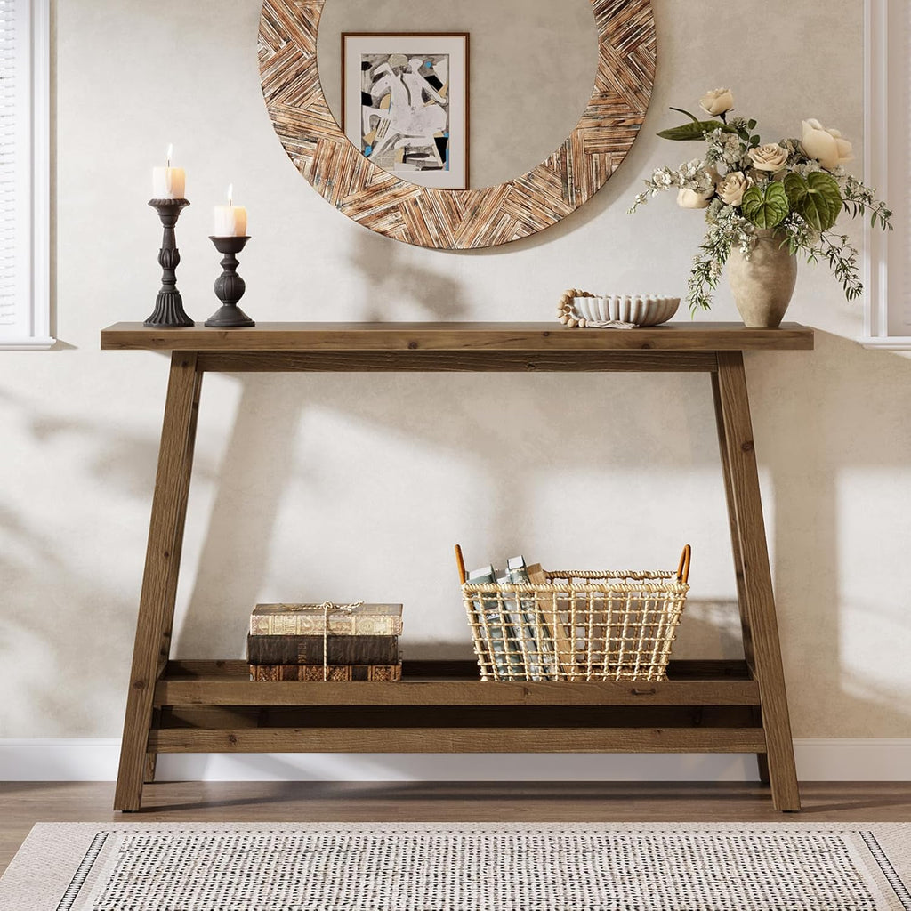 41.3" Farmhouse Console Table, Solid Wood Entryway Table with Storage Shelf, 2 Tiers of Narrow Behind Couch Sofa Furniture for Living Room, Hallway, Foyer, Easy Assembly, Brown