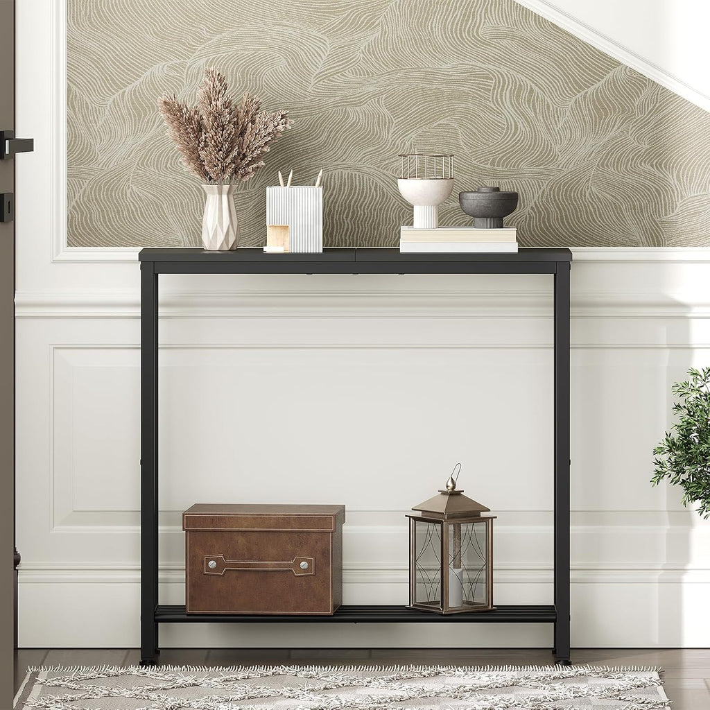 YATINEY Narrow Console Table, 2-Tier Small Sofa Table, 29.5" Thin Entryway Behind Couch Table with Shelves, Industrial Hallway Table, for Living Room, Foyer, Black CT03BB