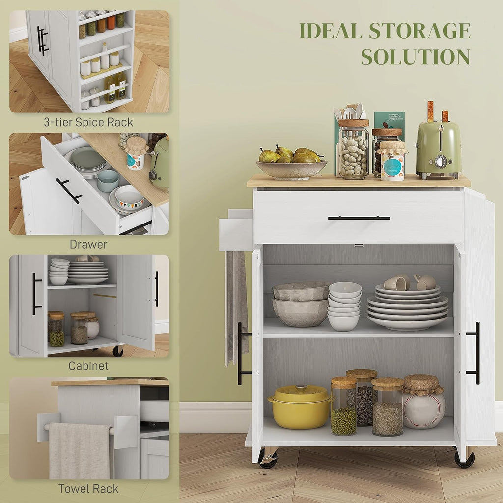 HOMCOM Kitchen Island with Storage, Rolling Kitchen Cart with AC Outlets and USB Ports, Microwave Stand with Towel and Spice Rack, White