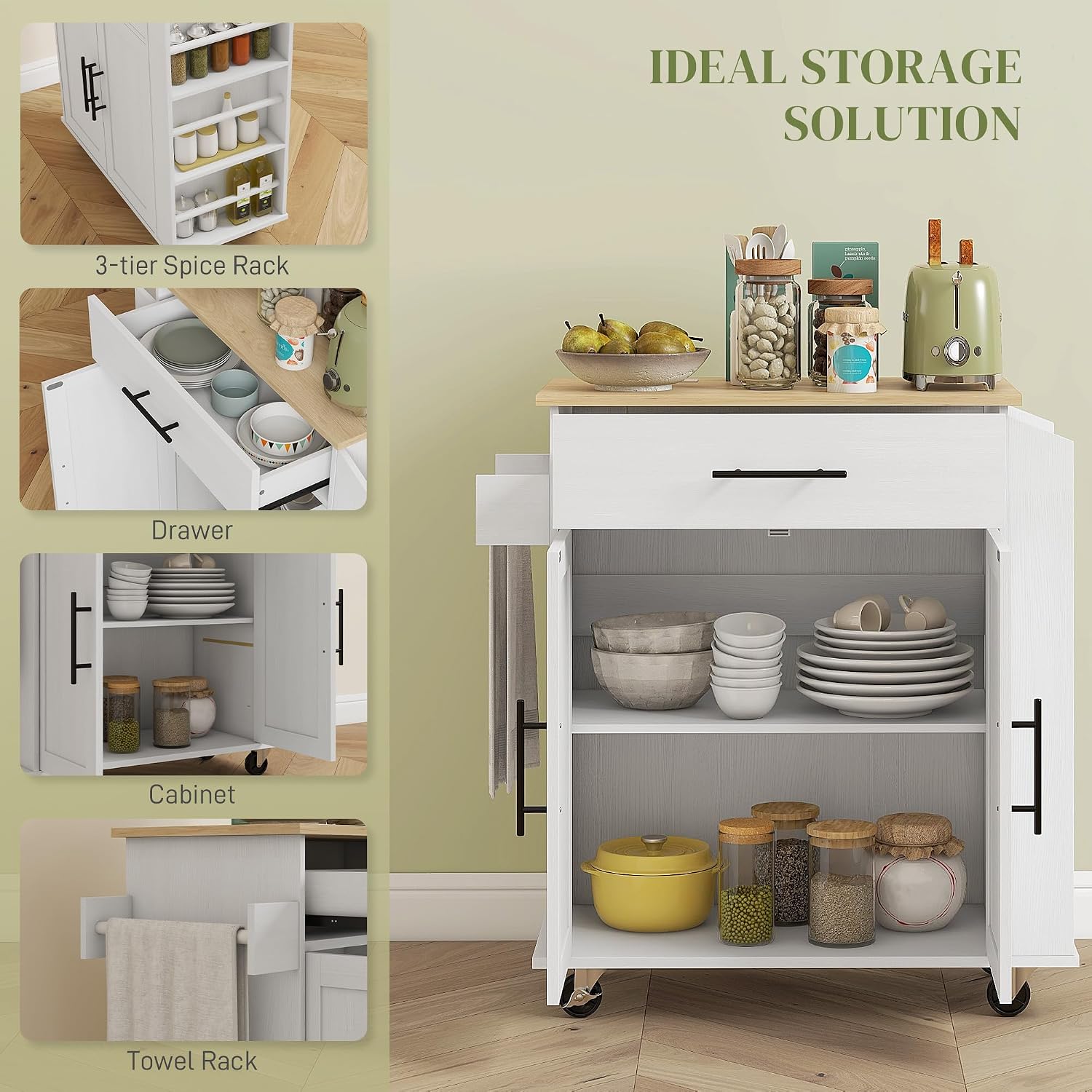 HOMCOM Kitchen Island with Storage, Rolling Kitchen Cart with AC Outlets and USB Ports, Microwave Stand with Towel and Spice Rack, White