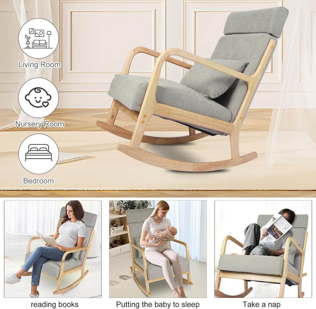 LUCKYERMORE Rocking Chair Nursery with Solid Wood Legs,Glider Chair with High Backrest,Upholstered Glider Rocker Chair for Nursery Bedroom Living Room, Grey