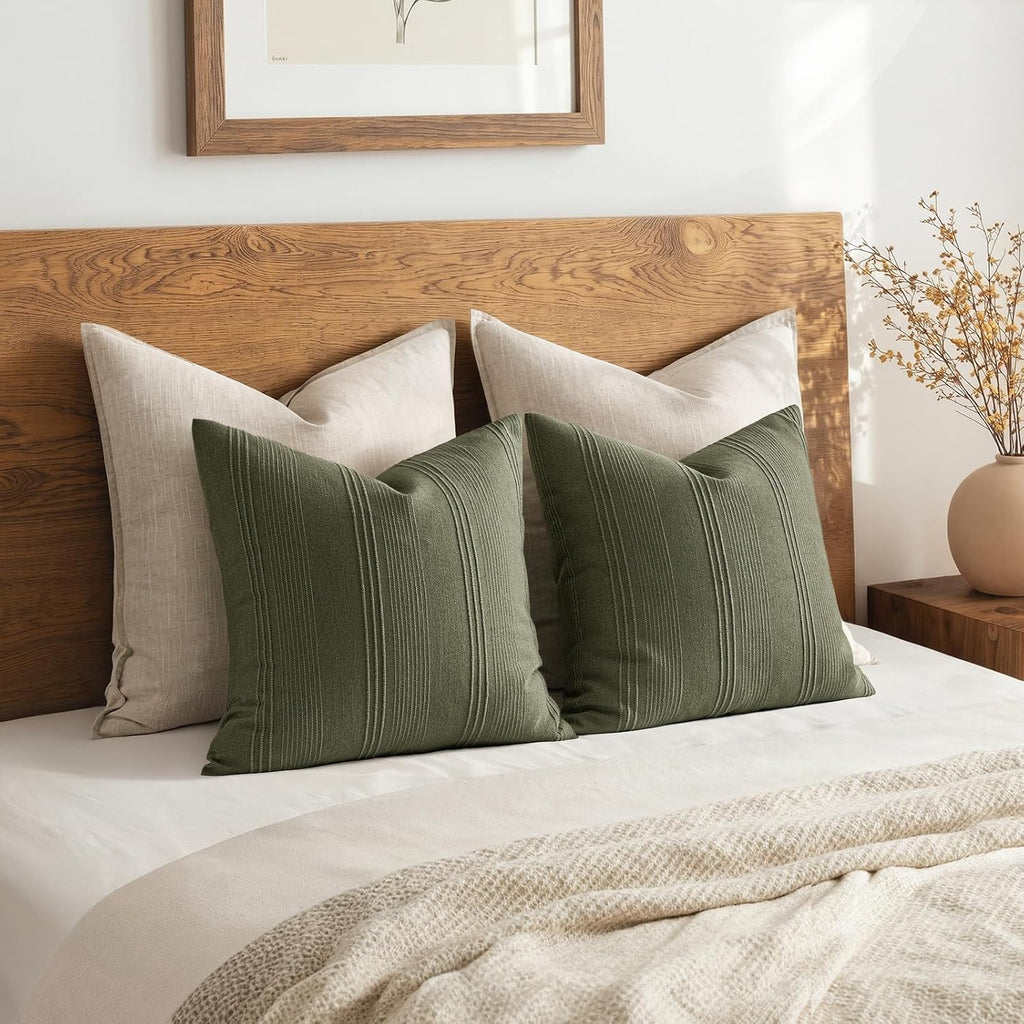 MIULEE Striped Throw Pillow Covers 20x20 Decorative Textured Pillow Covers Pack of 2 Linen Cushion Cases for Couch Bed Sofa Livingroom Farmhouse Home Decor, Olive Green