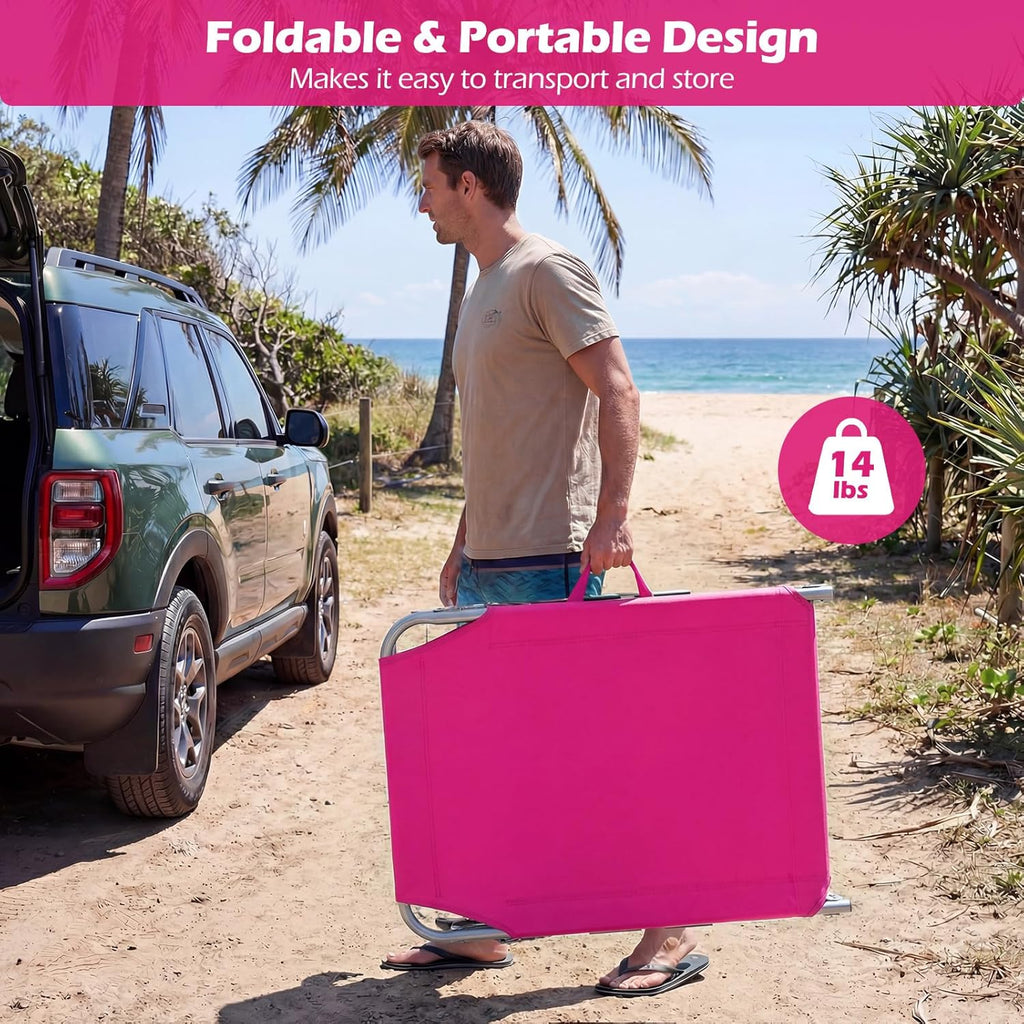 LDAILY Tanning Chair, Portable Sun Bathing Beach Chairs with Face Hole, Arm Cutouts & Storage Pocket, Lounge Chair Outdoor with 4 Adjustable Positions for Patio, Poolside, Lawn, Camping (Pink)