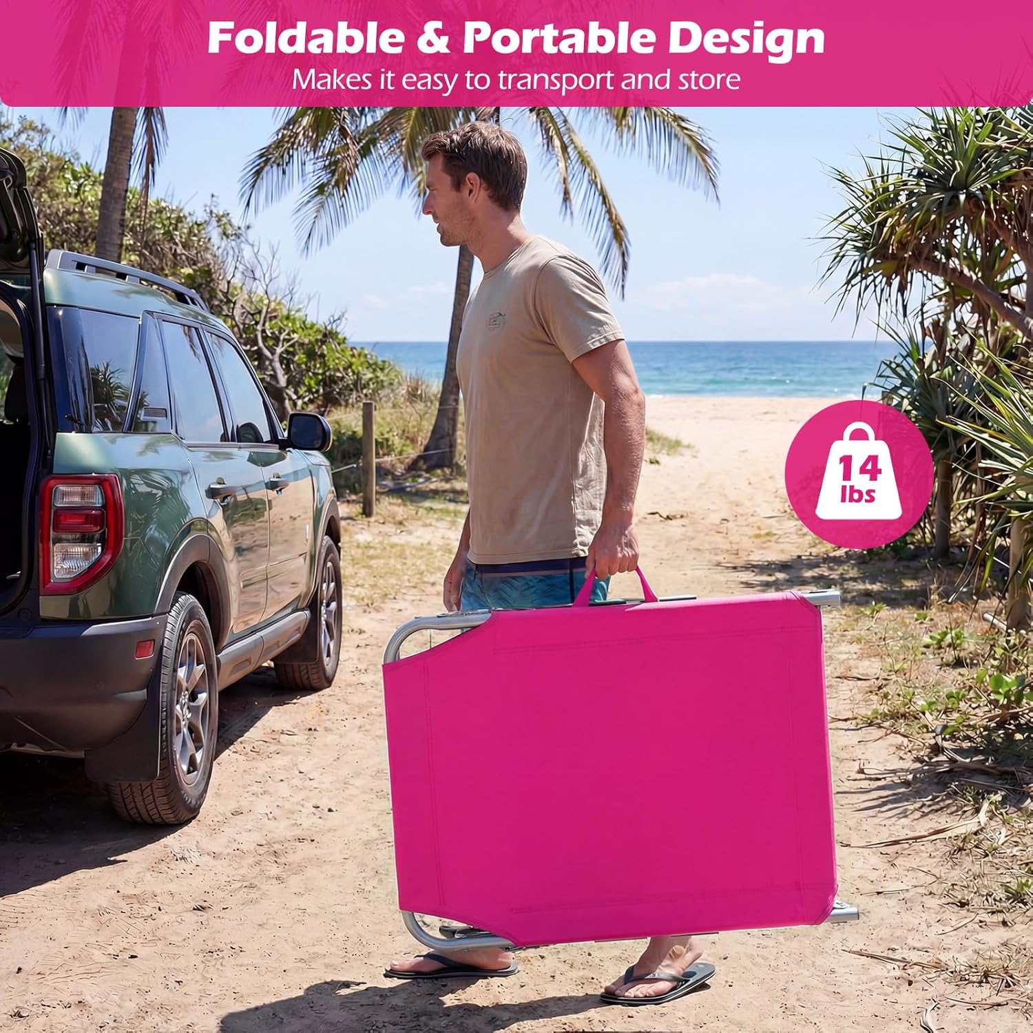 LDAILY Tanning Chair, Portable Sun Bathing Beach Chairs with Face Hole, Arm Cutouts & Storage Pocket, Lounge Chair Outdoor with 4 Adjustable Positions for Patio, Poolside, Lawn, Camping (Pink)