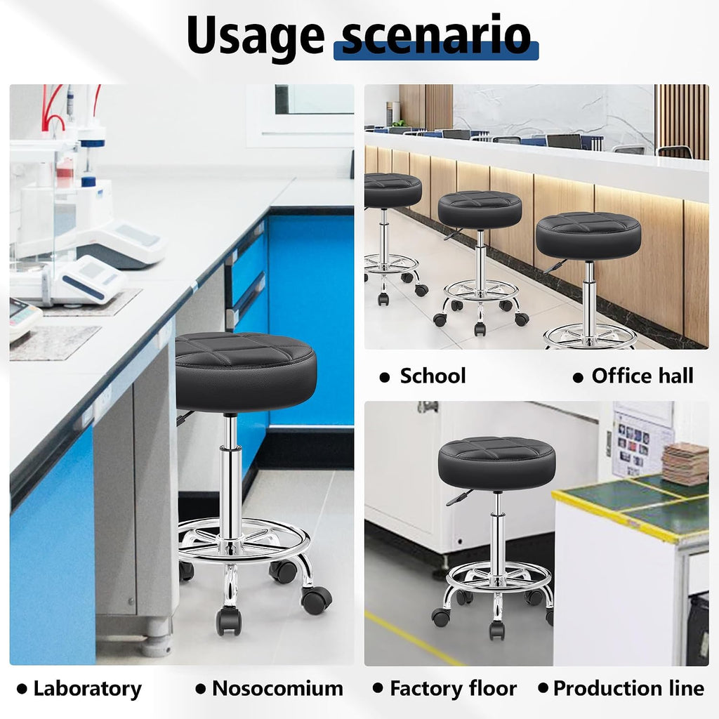 Brick Attic Rolling Stool with Wheels, PU Leather Small Office Chair with Foot Rest,Versatile Adjustable Swivel Stool for Tattoo Massage Salon Spa Teach Medical Facial Office Home Work Kitchen