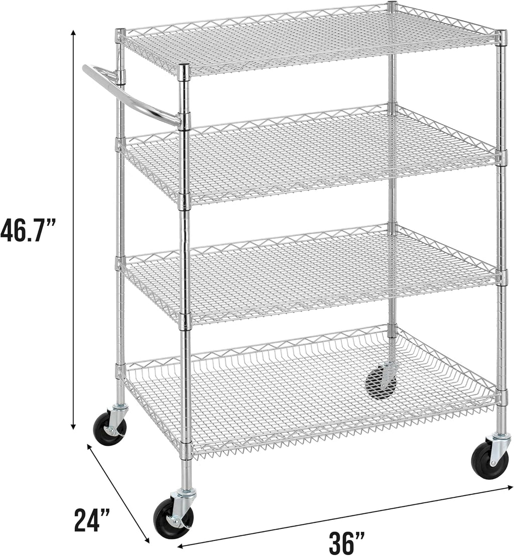 Finnhomy 4 Tier Heavy Duty Commercial Grade Rolling Cart with Handle Bar, Metal Wire Utility Cart with Wheels, Service Trolley on Wheels, Shelf Size 24" D x 36" W, NSF, Chrome