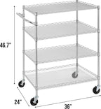 Finnhomy 4 Tier Heavy Duty Commercial Grade Rolling Cart with Handle Bar, Metal Wire Utility Cart with Wheels, Service Trolley on Wheels, Shelf Size 24" D x 36" W, NSF, Chrome