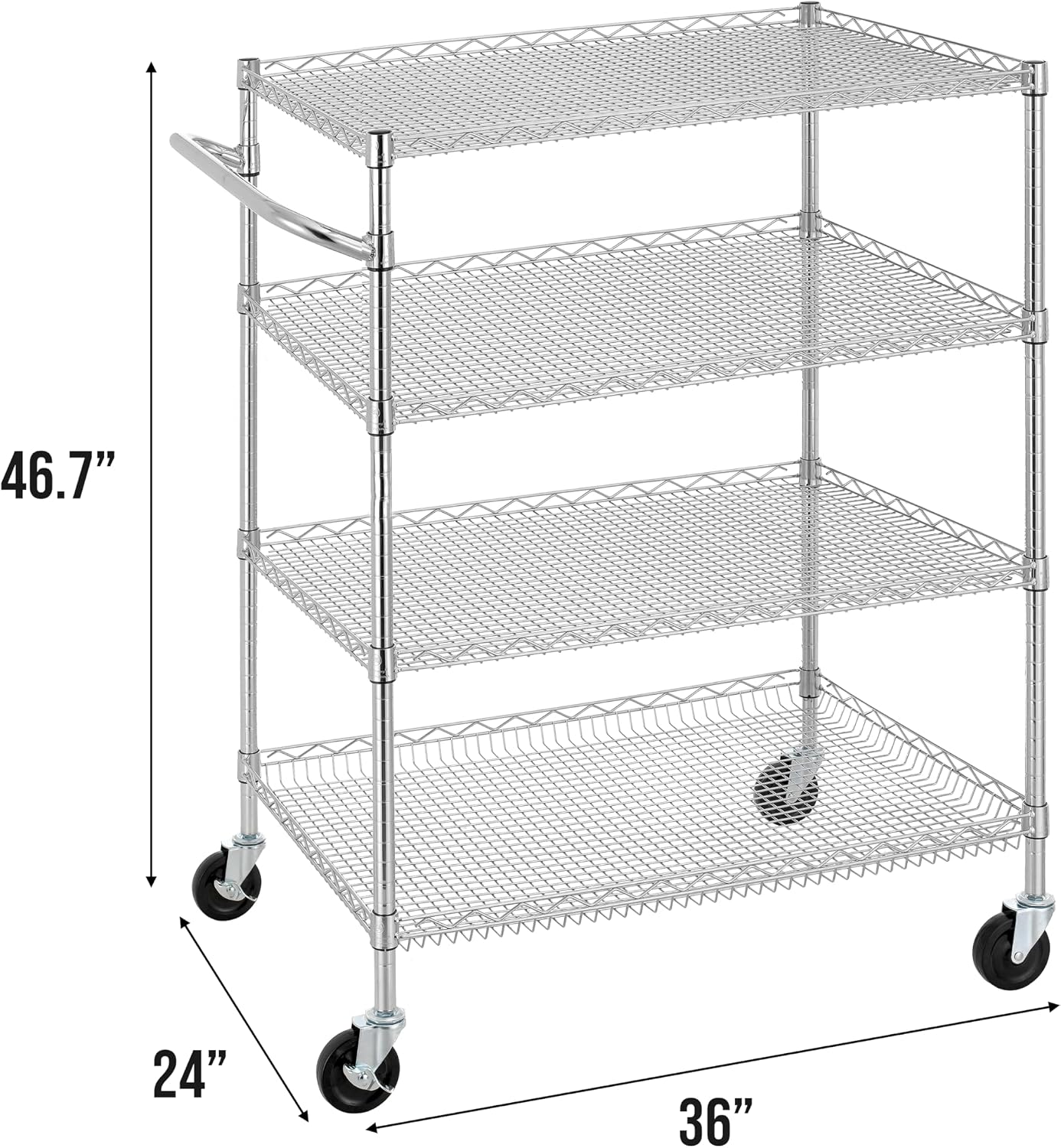 Finnhomy 4 Tier Heavy Duty Commercial Grade Rolling Cart with Handle Bar, Metal Wire Utility Cart with Wheels, Service Trolley on Wheels, Shelf Size 24" D x 36" W, NSF, Chrome