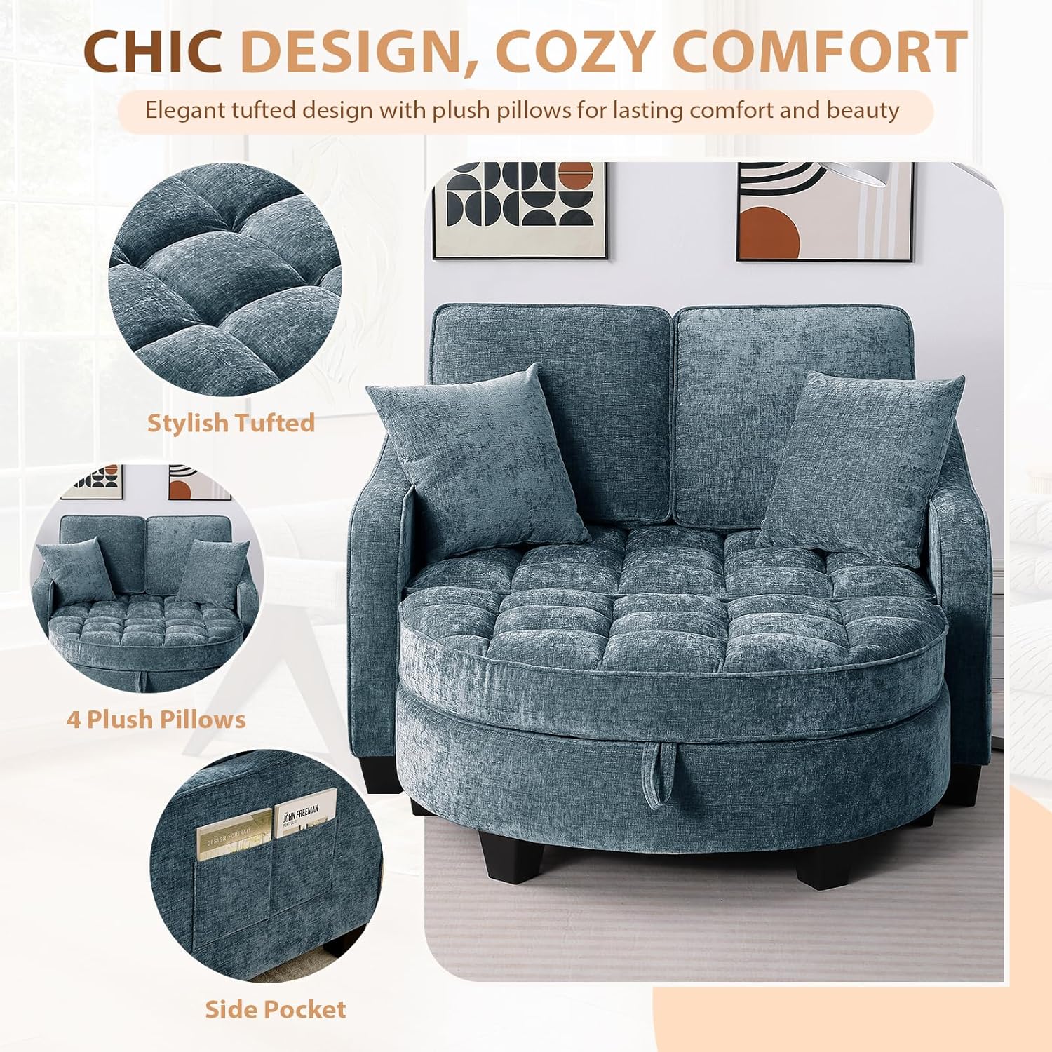 Oversized Curved Chaise Lounge Chair Indoor with Ottoman, 54.8" Cloud Boneless Reading Chair Soft Chenille Circle Couch w/Adjustable Backrest for Living Room, Apartroom, Bedroom, Blue