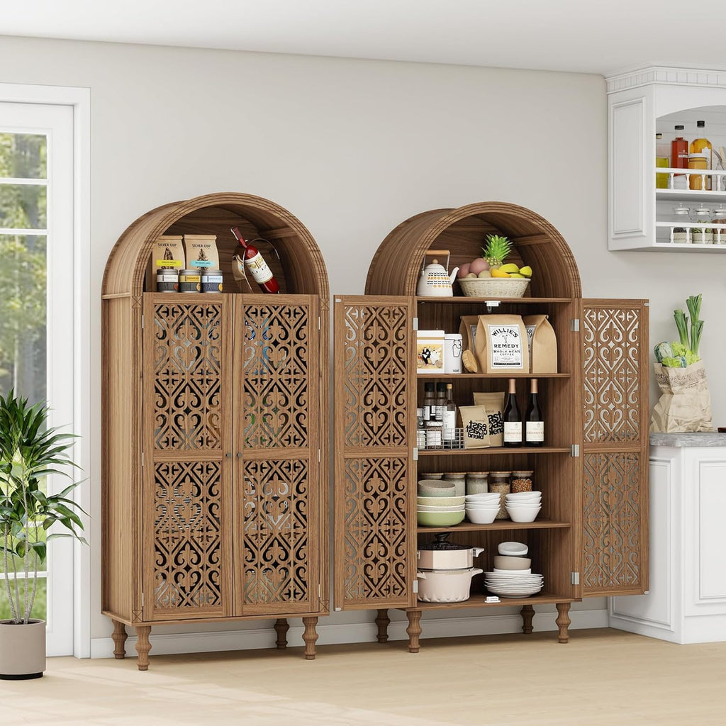 Arched Kitchen Pantry Cabinet,71" Tall Mid-Century Modern Arched Bookcase Vintage Storage Cabinet with Geometric Door and Adjustable Shelves,Bohemian Cupboard for Living Room,Dining Room