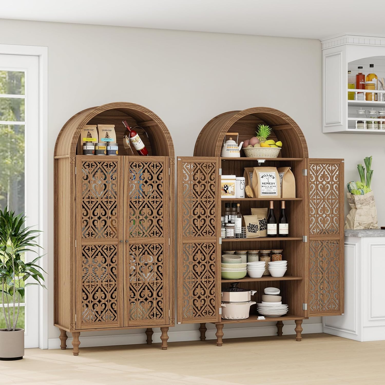 Arched Kitchen Pantry Cabinet,71" Tall Mid-Century Modern Arched Bookcase Vintage Storage Cabinet with Geometric Door and Adjustable Shelves,Bohemian Cupboard for Living Room,Dining Room