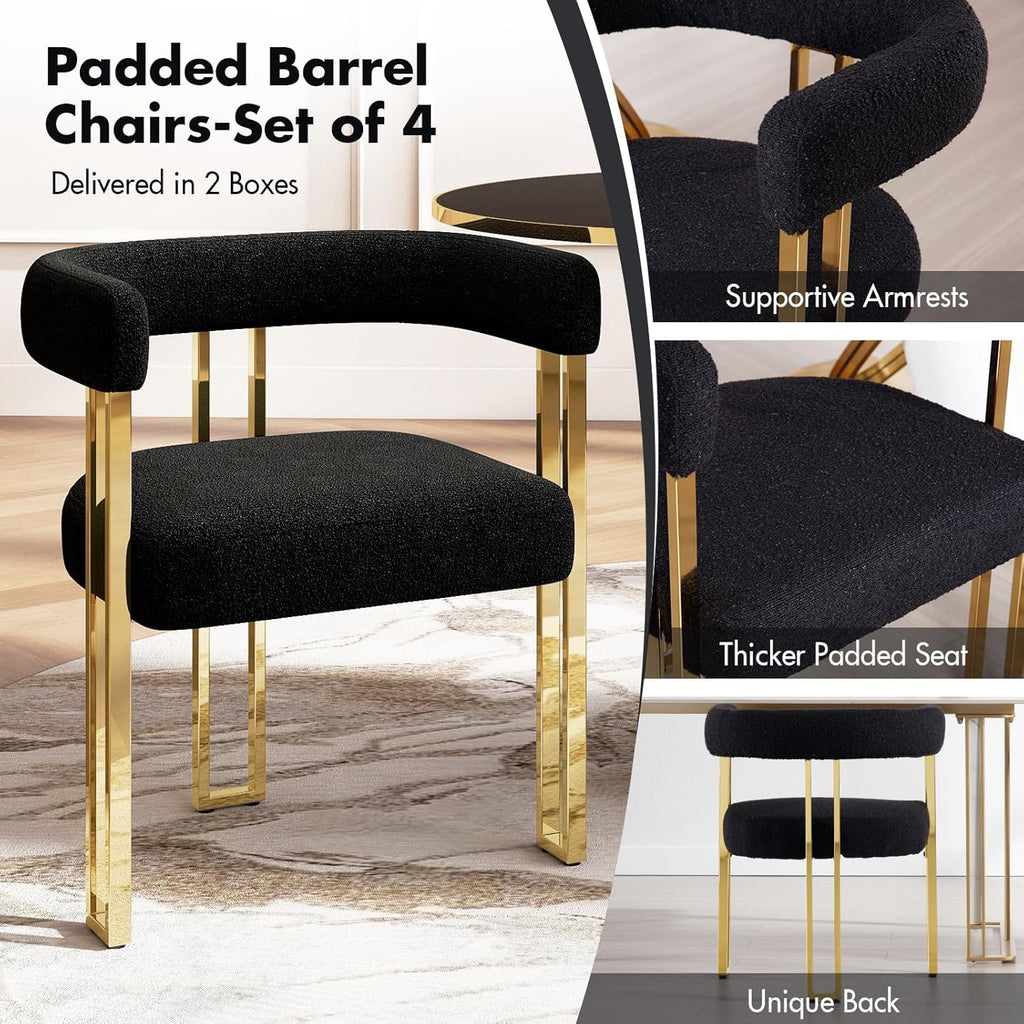 Hyfirm Set of 4 Modern Black Boucle Dining Chairs with Gold Metal Legs, Mid Century Accent Upholstered Barrel Armchairs with Open-Back for Kitchen, Dining Room, Living Room, Apartment