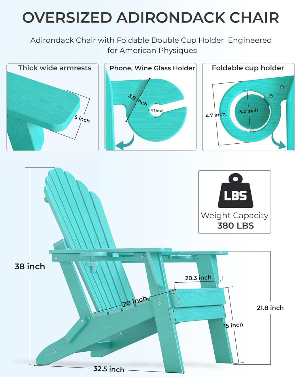 Folding Adirondack Chair with Dual Cup Holders, Ergonomic High Back HDPE Fire Pit Chair, 380lbs Capacity All-Weather Outdoor Patio Lounge Chair for Garden, Deck, Yard - Aruba Blue