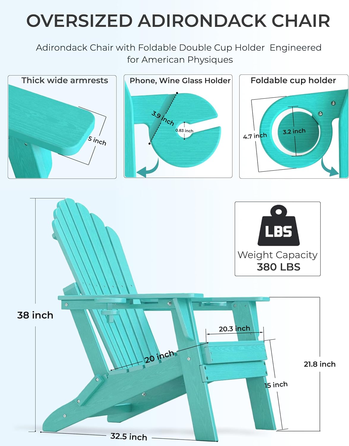 Folding Adirondack Chair with Dual Cup Holders, Ergonomic High Back HDPE Fire Pit Chair, 380lbs Capacity All-Weather Outdoor Patio Lounge Chair for Garden, Deck, Yard - Aruba Blue