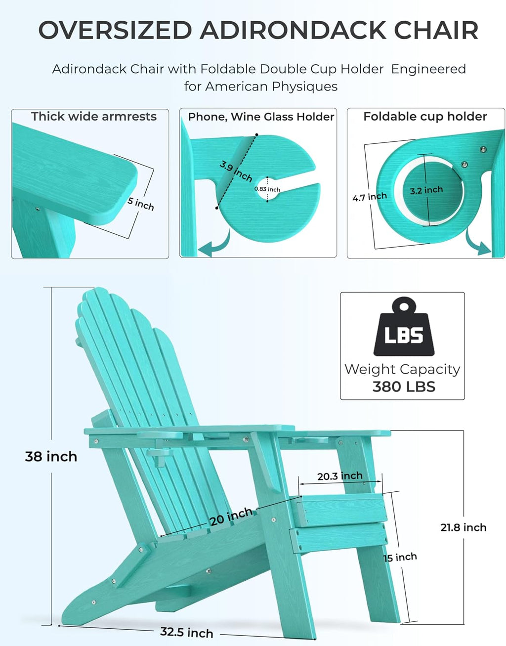 Folding Adirondack Chair with Dual Cup Holders Set of 2, Ergonomic High Back Fire Pit Chair,HDPE All-Weather Outdoor Patio Chair for Garden, Deck,Aruba Blue