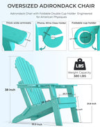 Folding Adirondack Chair with Dual Cup Holders Set of 2, Ergonomic High Back Fire Pit Chair,HDPE All-Weather Outdoor Patio Chair for Garden, Deck,Aruba Blue