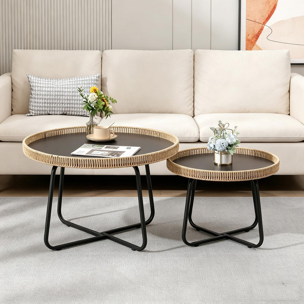 Small Round Nesting Coffee Table Set of 2, Woven Nesting Side Tables with Metal Frame, Modern Circle End Tables for Living Room Bedroom Office Balcony Outdoor