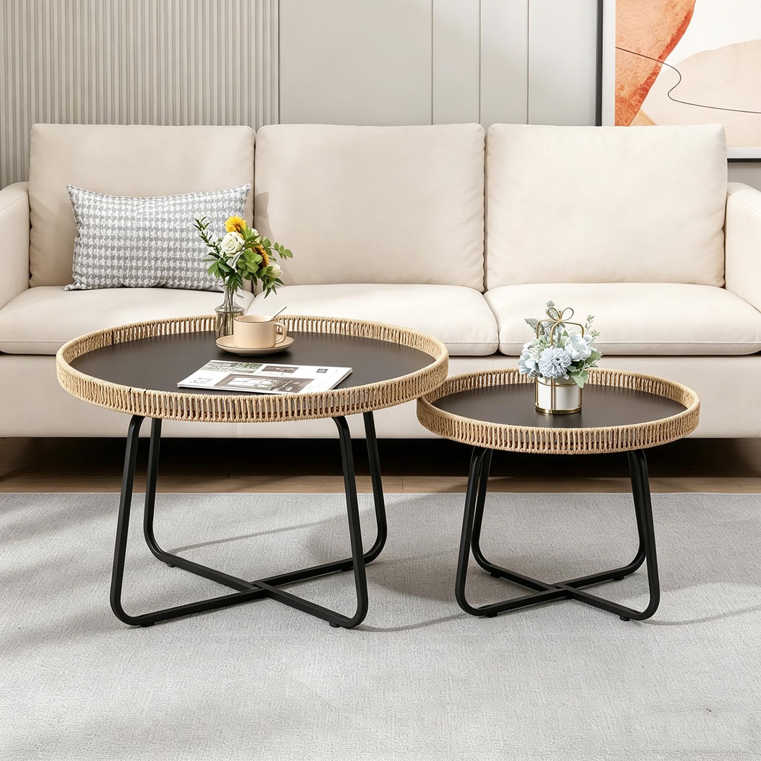 Small Round Nesting Coffee Table Set of 2, Woven Nesting Side Tables with Metal Frame, Modern Circle End Tables for Living Room Bedroom Office Balcony Outdoor