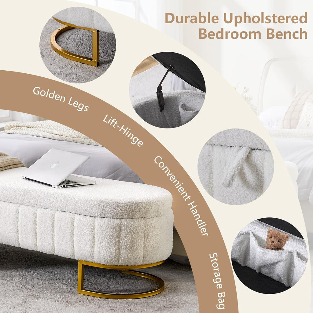 65" Curved Storage Ottoman Bench for Bedroom, Upholstered End of Bed Bench for King Size Bed, Oval Storage Bench with Gold Metal Legs, Bedroom Bench for Living Room Entryway, Beige Boucle