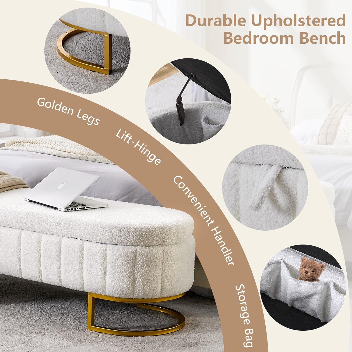 65" Curved Storage Ottoman Bench for Bedroom, Upholstered End of Bed Bench for King Size Bed, Oval Storage Bench with Gold Metal Legs, Bedroom Bench for Living Room Entryway, Beige Boucle