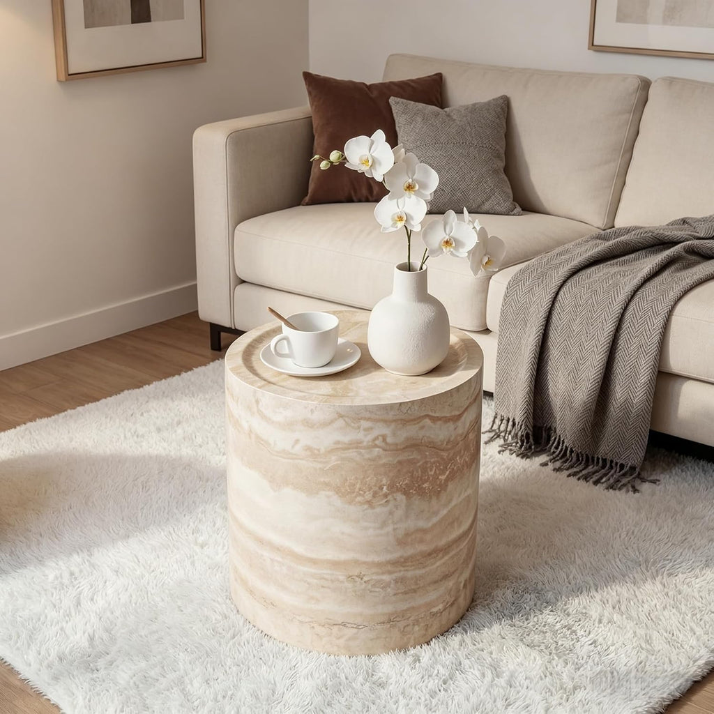 Marble-Effect Cylindrical Side Table Lightweight Fiberglass & Resin Accent Table End Table for Living Room Nightstand for Bedroom Small Drink Table for Corner Spaces (15.75'' Single, Cream)