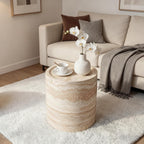 Marble-Effect Cylindrical Side Table Lightweight Fiberglass & Resin Accent Table End Table for Living Room Nightstand for Bedroom Small Drink Table for Corner Spaces (15.75'' Single, Cream)