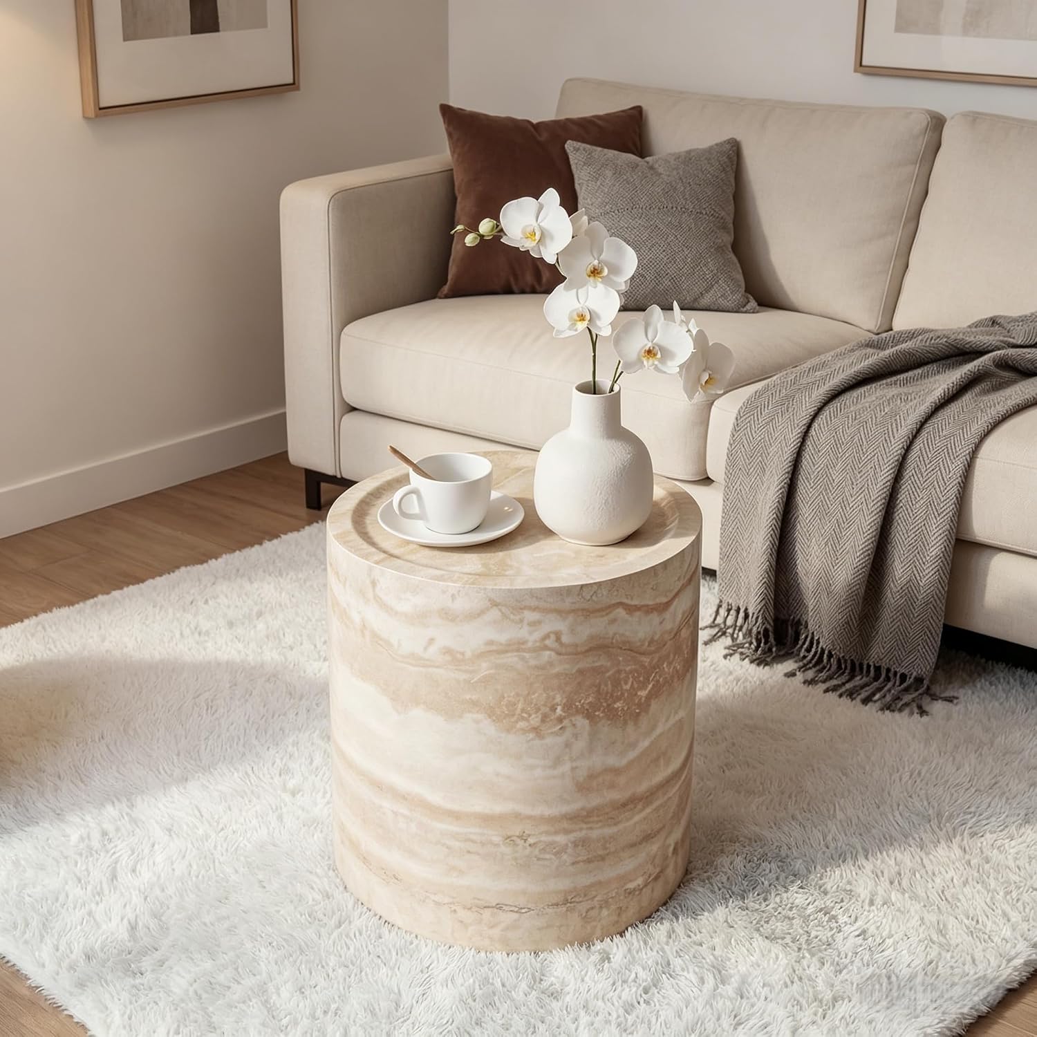 Marble-Effect Cylindrical Side Table Lightweight Fiberglass & Resin Accent Table End Table for Living Room Nightstand for Bedroom Small Drink Table for Corner Spaces (15.75'' Single, Cream)