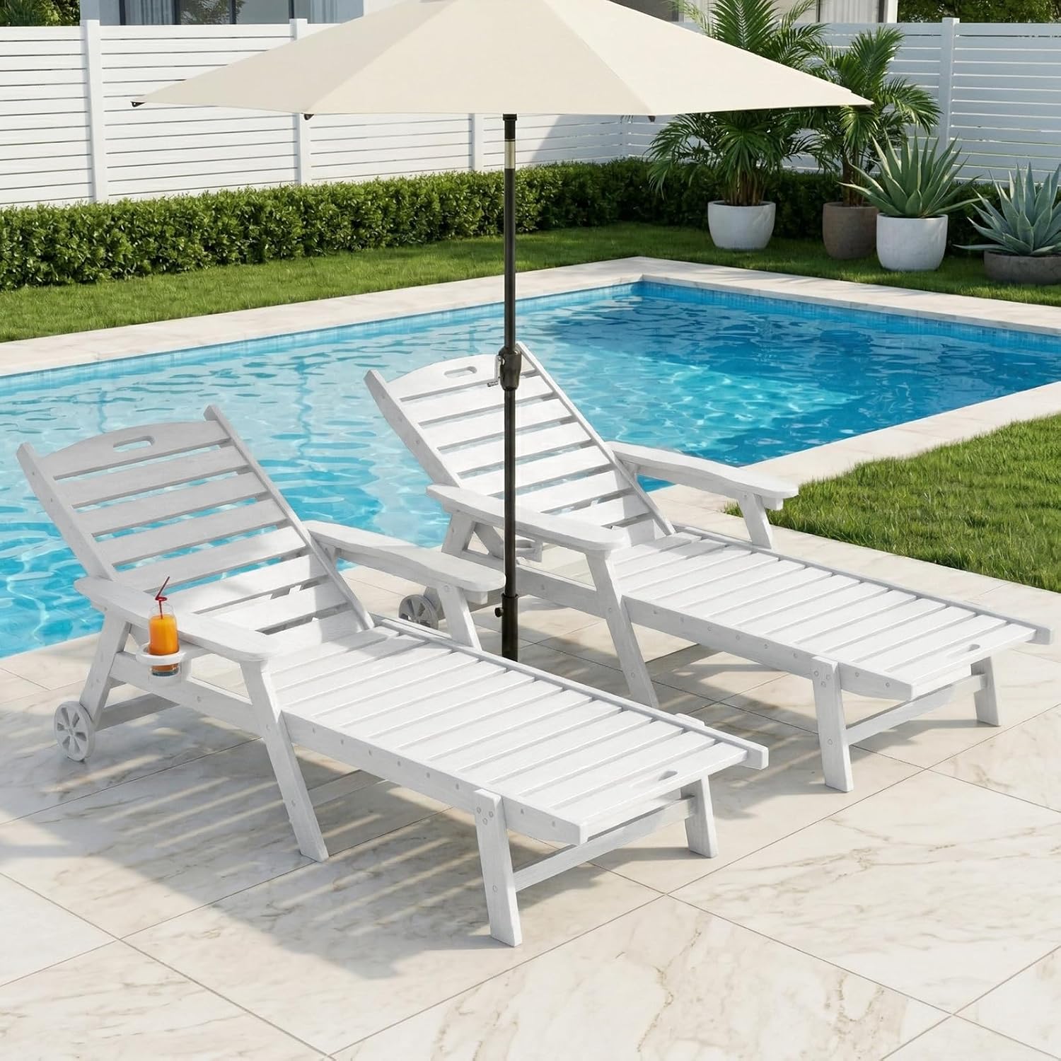 WACASA HDPE Pool Lounge Chairs Set of 2 with Wheels & Cup Holder, 6-Position Adjustable Lounge Chair Outdoor, Easy 20-Min Assembly, 450LBS Bearing, Pool Lounger for Patio, Deck, Backyard (White)