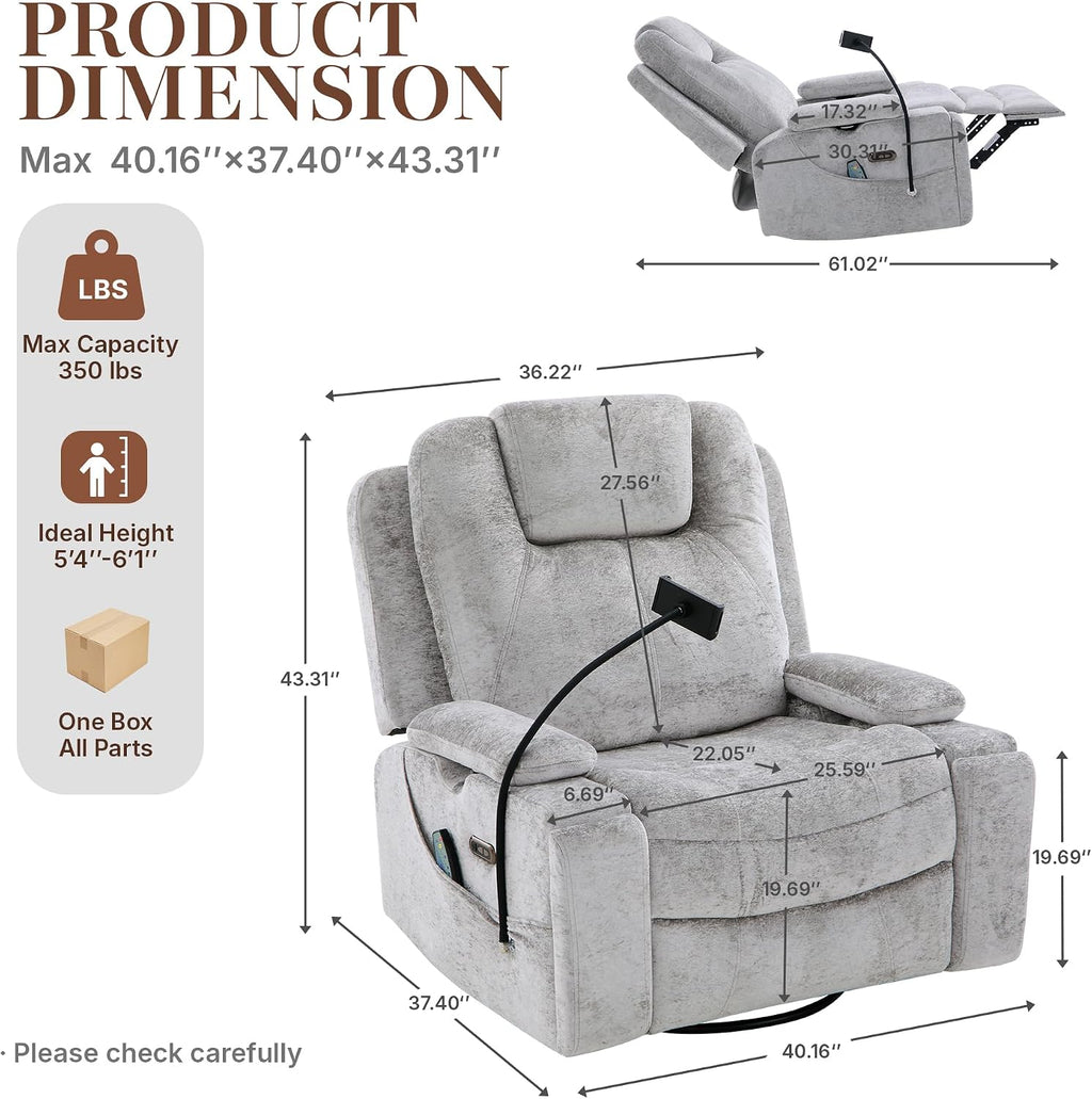 Oversized Power Rocker Recliner Chair, Swivel Glider Rocking Chair for Adults with Massage and Heat, Nursery Glider Recliner with Adjustable Headrest and Phone Stand