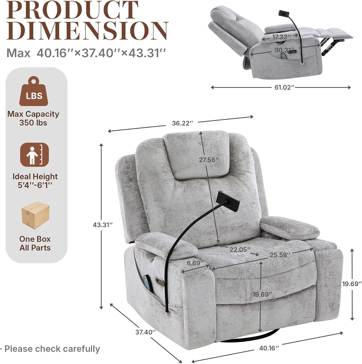 Oversized Power Rocker Recliner Chair, Swivel Glider Rocking Chair for Adults with Massage and Heat, Nursery Glider Recliner with Adjustable Headrest and Phone Stand