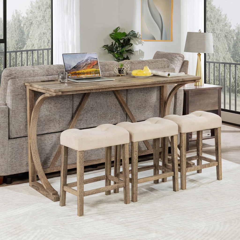 Holaki Bar Table and Chairs Set,4 Piece Console Table with Power Outlet, Counter Height Bar Table Set with 3 Padded Chairs, Industrial Breakfast Table Set for Living Room Dining Room(Yellow+Brown)