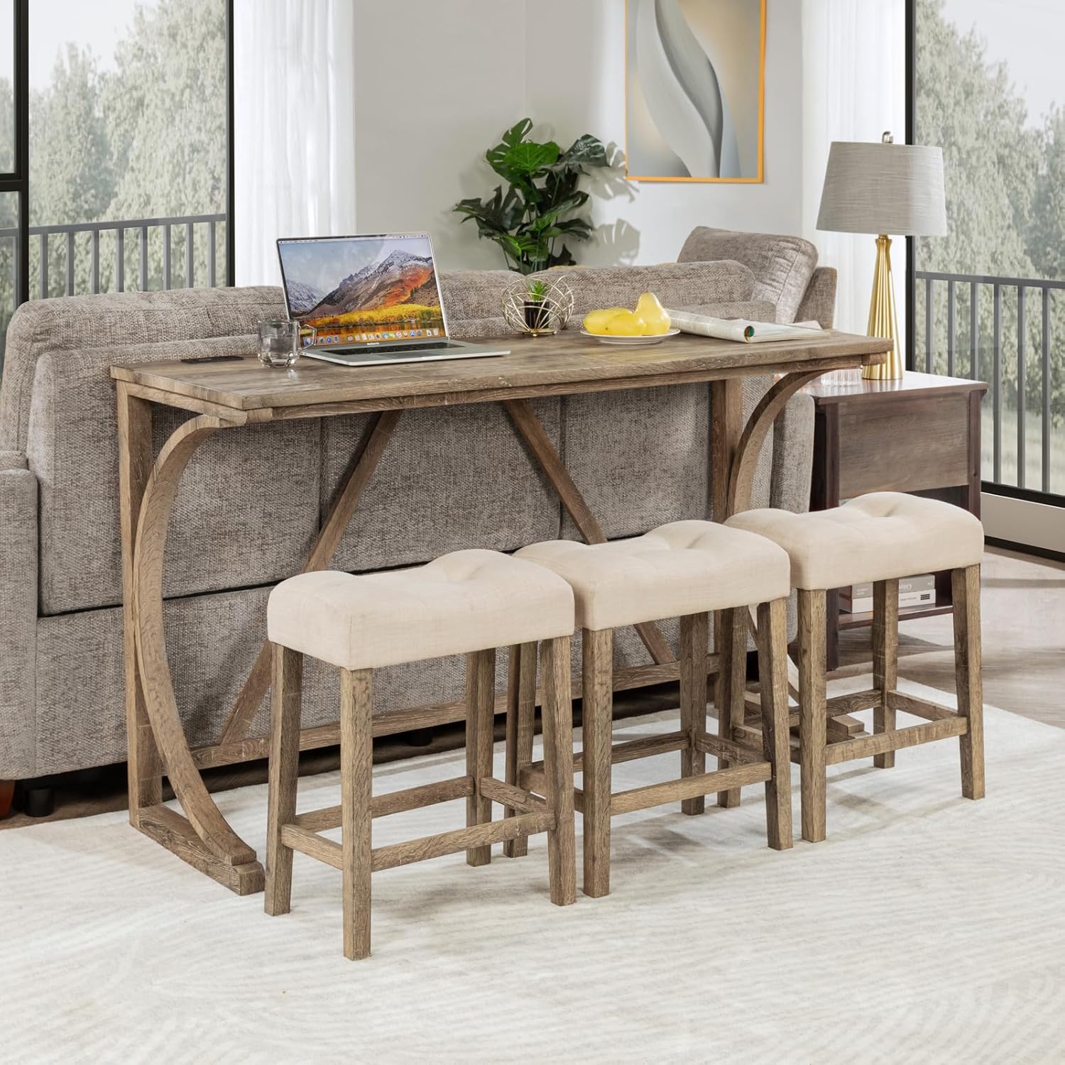 Holaki Bar Table and Chairs Set,4 Piece Console Table with Power Outlet, Counter Height Bar Table Set with 3 Padded Chairs, Industrial Breakfast Table Set for Living Room Dining Room(Yellow+Brown)