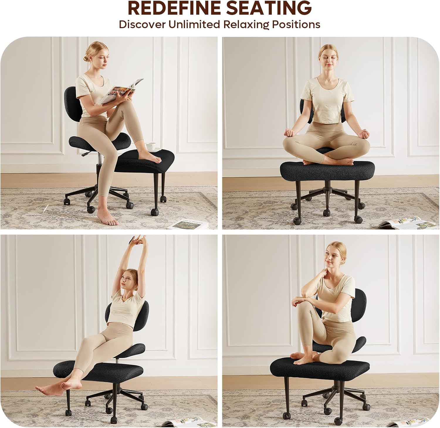 Cross Legged Office Chair with Wheels for ADHD, Ergonomic 360° Swivel Height-Adjustable Meditation Chair for Yoga, Wide Kneeling Chair with Strong Lumbar Support, Teddy Fabric, Black