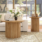 LUXOAK Nesting Coffee Table Set of 2, Mid Century Modern Round Coffee Table, Wood Slat Side Table Set for Living Room, Office, Balcony (Natural Oak)