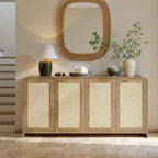 Evermagin 67" Rattan Buffet Cabinet with Storage, Boho Sideboard Cabinet with 4 Doors, Large Credenza Sideboard Buffet for Living Room, Hallway and Kitchen, Caramel Oak