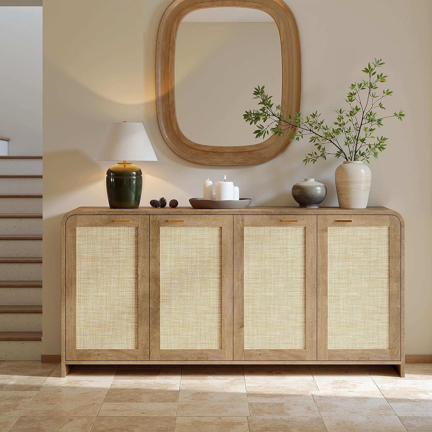 Evermagin 67" Rattan Buffet Cabinet with Storage, Boho Sideboard Cabinet with 4 Doors, Large Credenza Sideboard Buffet for Living Room, Hallway and Kitchen, Caramel Oak