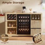 Coffee Bar Cabinet with Fridge Space, 53"L Wine Cabinets with Storage Drawer, Wood Buffet Sideboard Table, Fluted Liquor Cabinet with Wine Rack for Home Living Room,20"D x 53.1"W x 39.4"H-Natural Oak