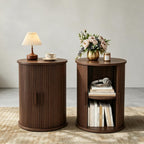 wanan Round Fluted End Table Set of 2, Tall Side Table with Sliding Tambour Door and Adjustable Storage Shelf, Modern Bedside Table, Nightstand for Living Room, Bedroom (Walnut)