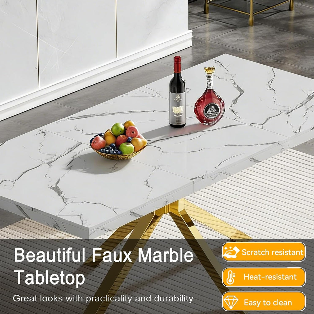 70 inch Faux Marble Dining Table for 4-6, Modern Kitchen Table with White Faux Marble Tabletop, Gold Stainless Steel X Base, Rectangular Dining Room Table for Dinner, Party, Meeting, Celebration