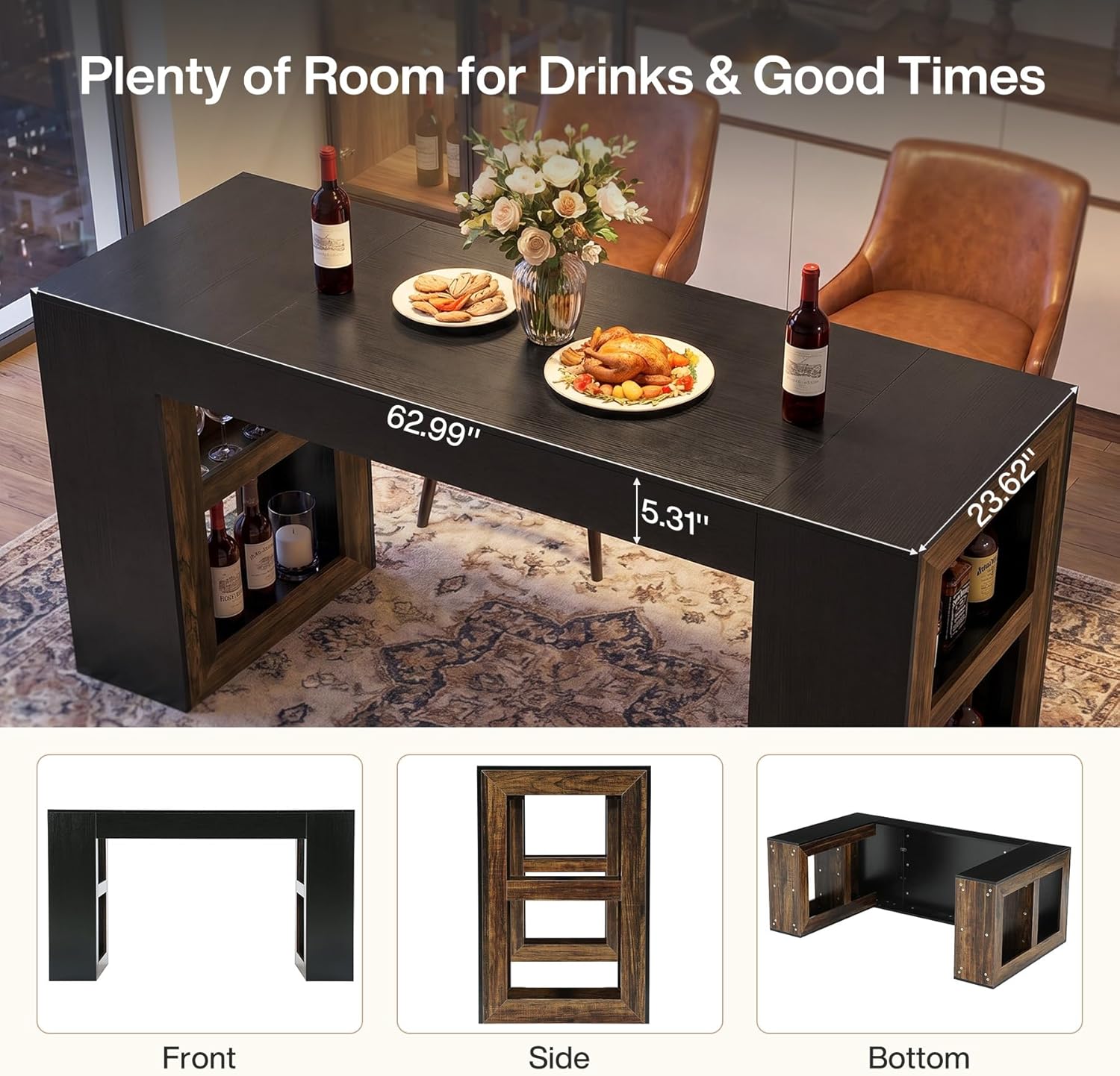Tribesigns 63" Bar Table, Rectangular Counter Height Pub Table with Storage Shelves, Industrial Home Bar Units for Dining Room, Kitchen, Bistro, Restaurant, Black & Brown