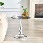 Round Glass Side Table with Silver Metal Base, 19.6'' Gray Tempered Glass Top, Modern Glass Round End Table for Living Room Office, Small Metal Side Table for Compact Space