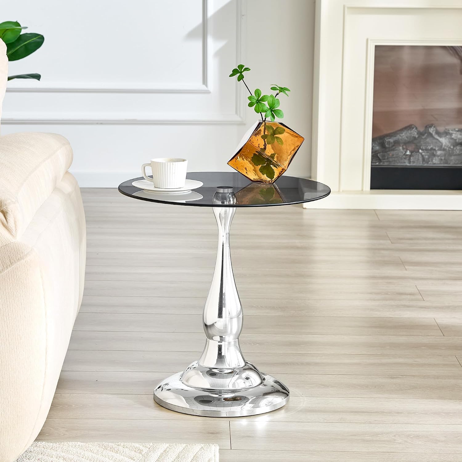 Round Glass Side Table with Silver Metal Base, 19.6'' Gray Tempered Glass Top, Modern Glass Round End Table for Living Room Office, Small Metal Side Table for Compact Space