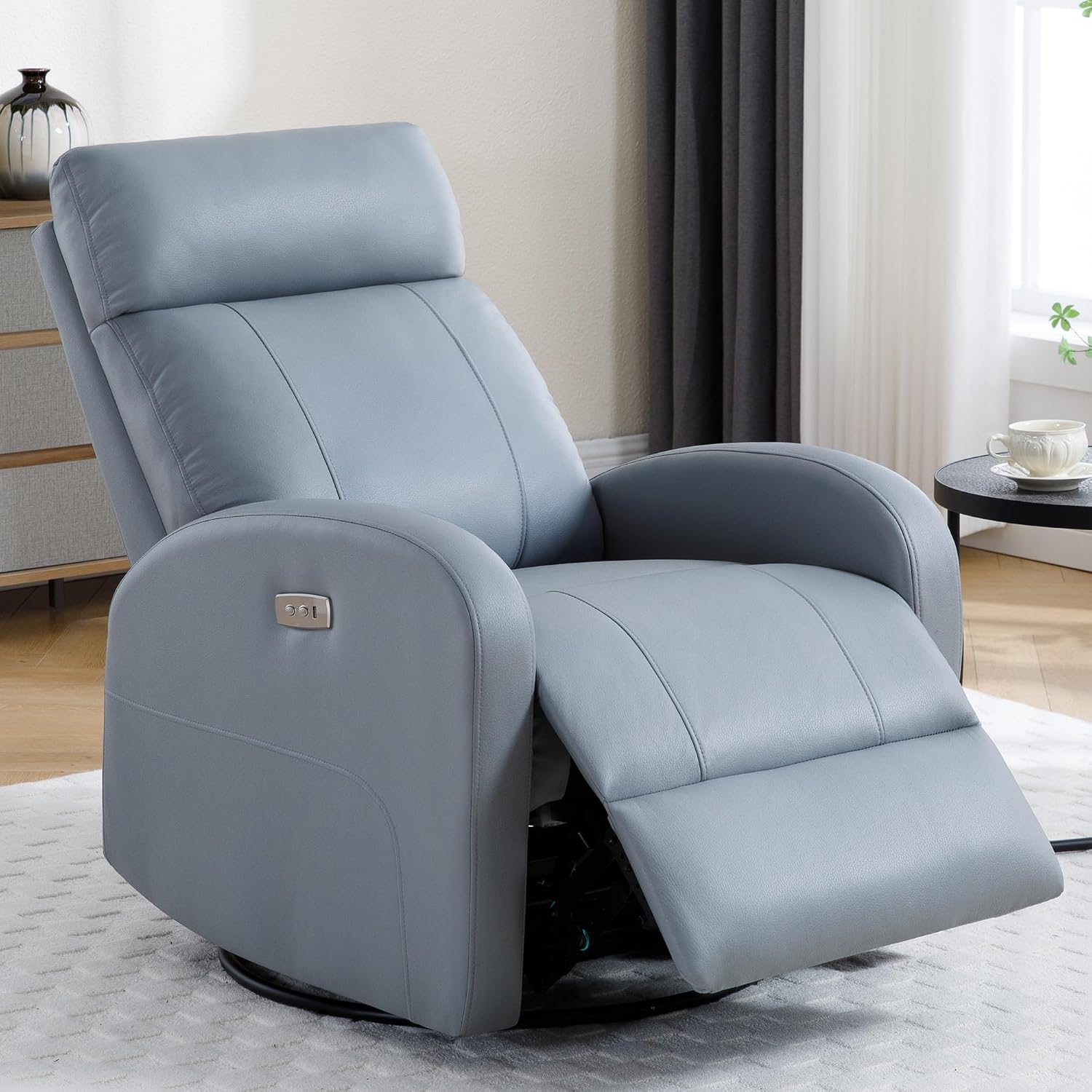 Power Swivel Rocker Recliner, Faux Leather Rocking Recliner Chair with USB Port, Swivel Glider Reclining Chair Nursery Recliners for Living Room, Blue