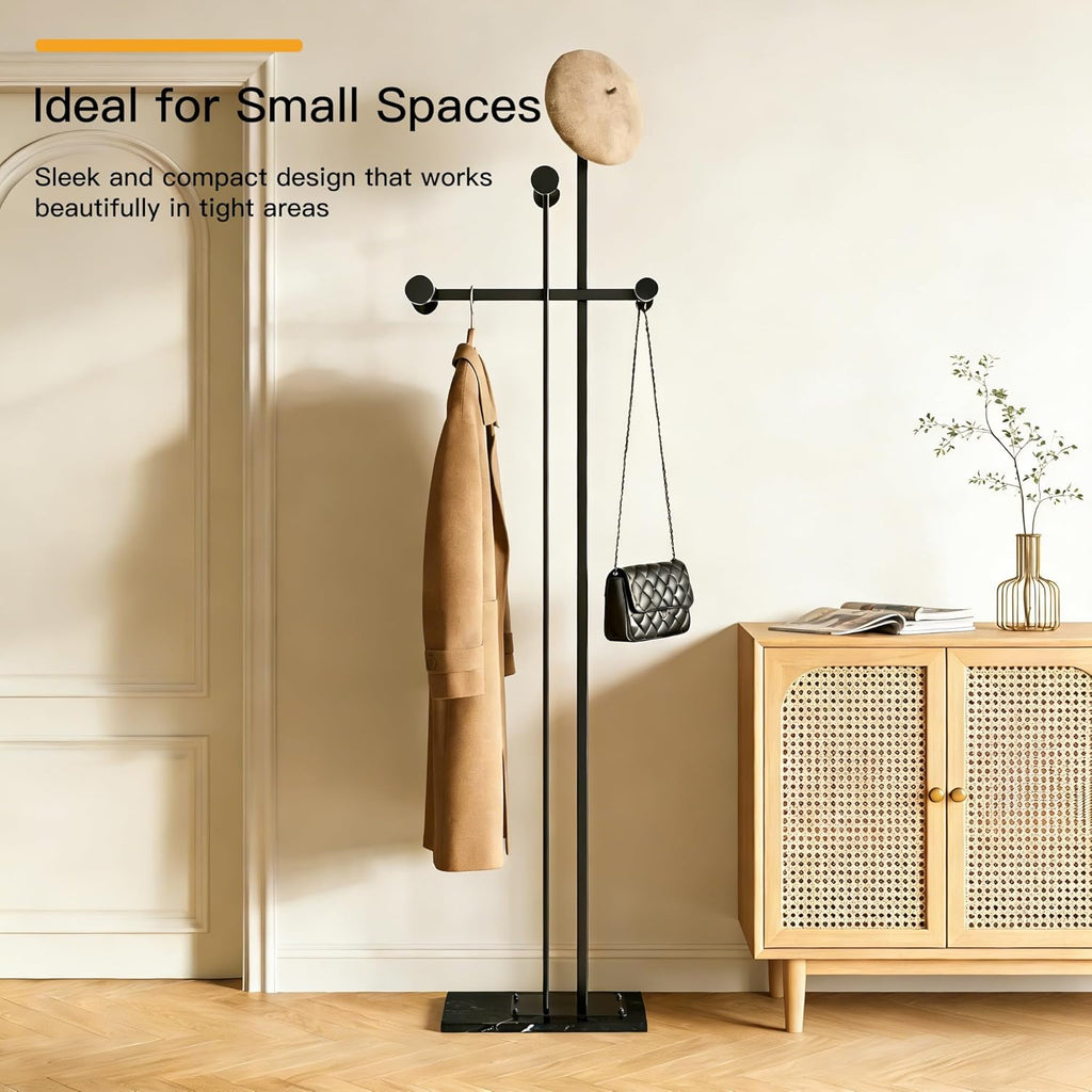 JIAYUEJU Heavy Duty Coat Rack Freestanding, Metal Coat Rack Stand with Marble Base, Corner Coat Tree for Entryway, Hallway, Bedroom, Office, Hotel (Black)