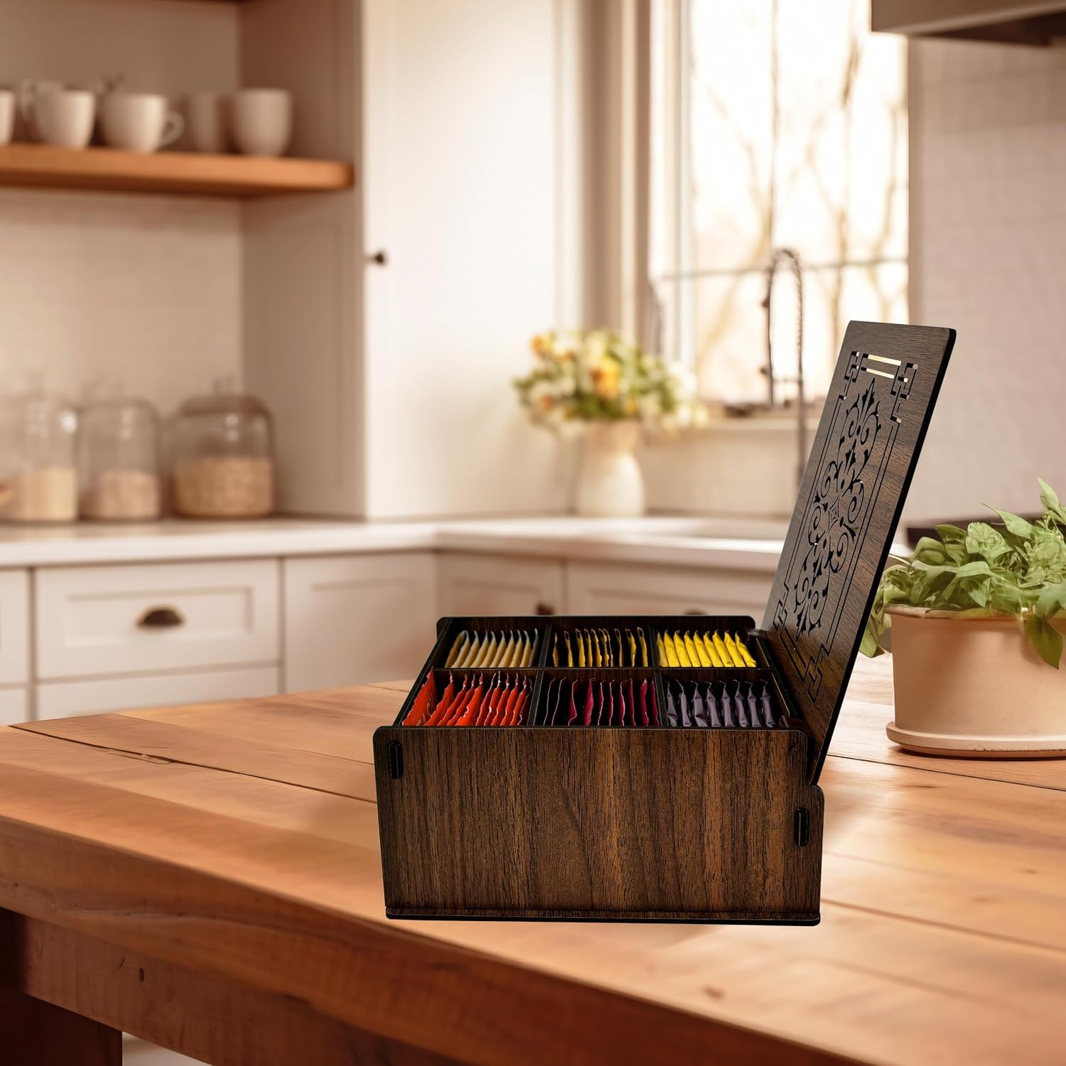 RoyalHouse Premium Wood Tea Storage Box Organizer, Tea Bag Holder Containers (Brown), Eco-Friendly Multi-Functional Decorative Box, 6 Compartments For Assorted Variety Of Small Items